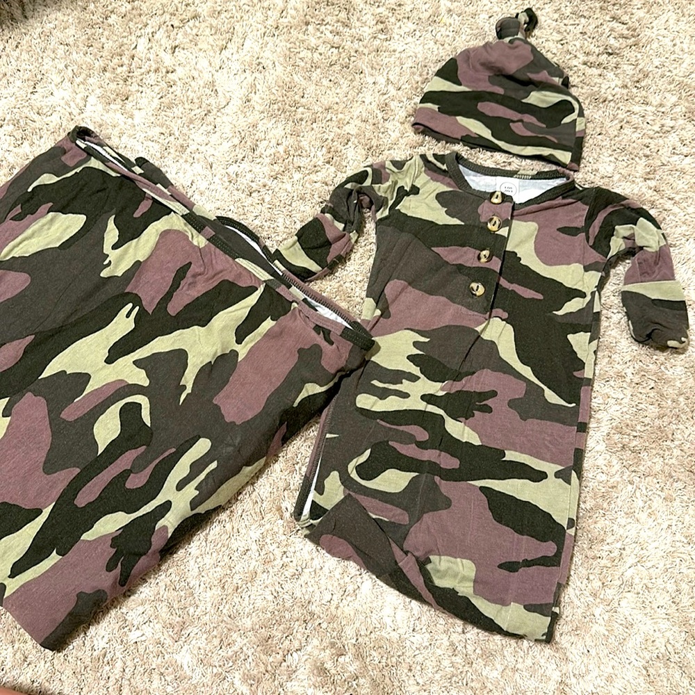 Lou Lou and Co. Roger newborn gown, hat, and swaddle